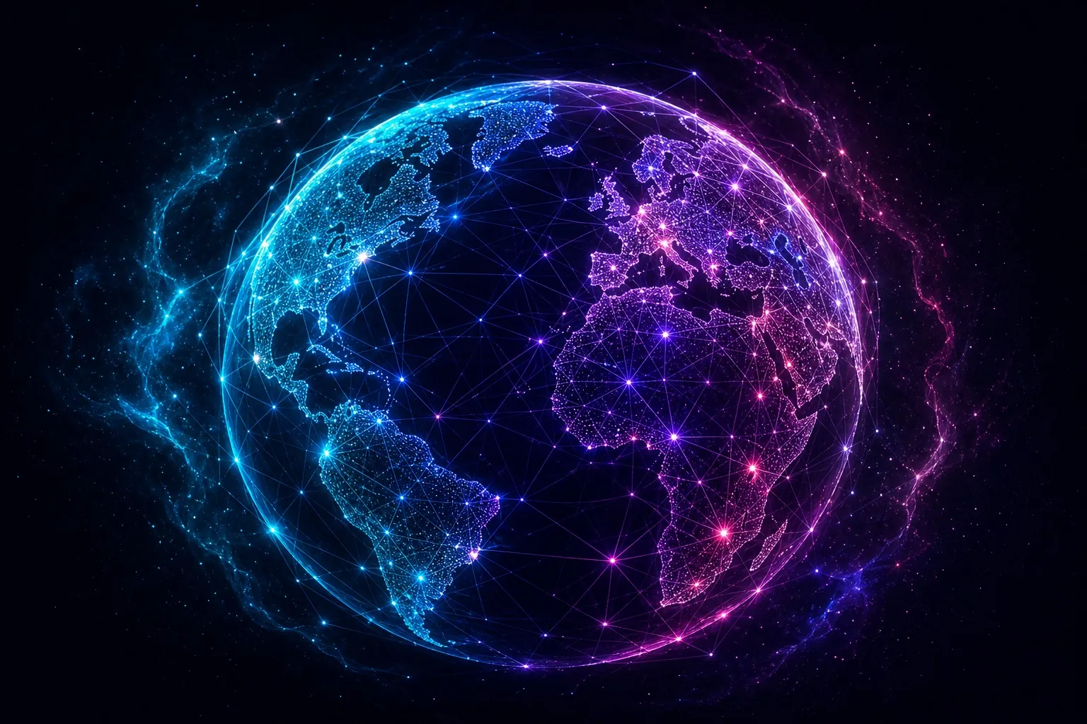 A glowing wireframe globe with connected points of light across continents